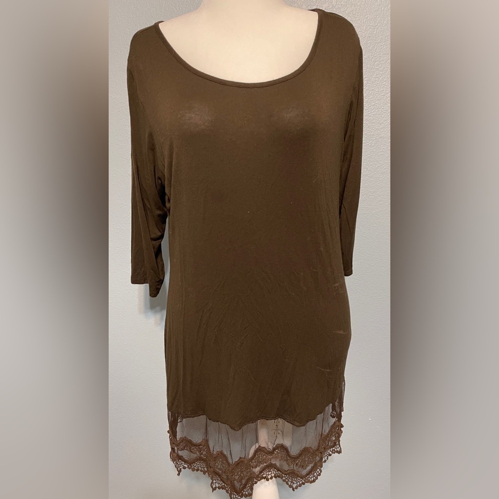 L&B Lucky & Blessed Brown Lace Hem Top Boho Western Lagenlook Cowgirl Medium